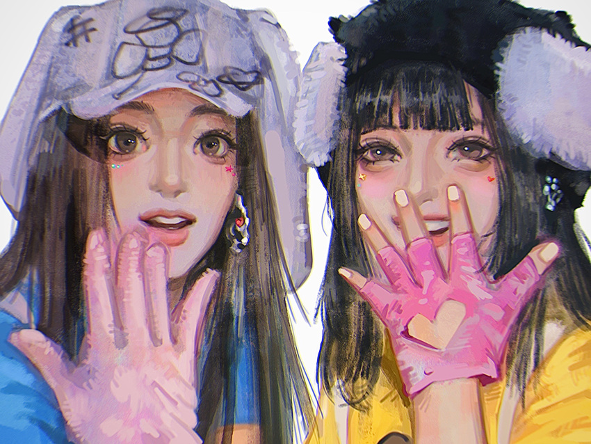 2girls animal_ear_headwear baseball_cap black_hair black_hat blue_shirt blush brown_eyes brown_hair commentary earrings fingerless_gloves gloves grey_hat hanni_(newjeans) hat highres jewelry k-pop looking_at_viewer mantang_hua minji_(newjeans) multiple_girls newjeans open_hand open_mouth pink_gloves portrait procreate_(medium) real_life shirt smile symbol-only_commentary white_background