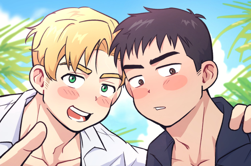 2boys ao_isami black_hair blonde_hair blush_stickers brown_eyes collarbone facial_hair green_eyes hand_on_another's_shoulder highres lewis_smith looking_at_viewer male_focus multiple_boys open_mouth palm_leaf pointing pointing_at_viewer portrait short_hair sideburns_stubble stubble wasted_m9 yuuki_bakuhatsu_bang_bravern