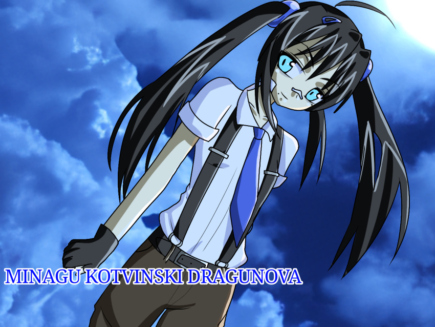 1girl ahoge bandages bandaid bandaid_on_face bandaid_on_nose belt black_belt black_gloves black_hair blue_eyes blue_necktie breasts brown_pants character_name closed_mouth clouds cloudy_sky copyright_request fingerless_gloves gloves hair_ornament hairclip konakona018 long_hair looking_at_viewer minagu_kotvinski_dragunova mole mole_under_eye mole_under_mouth multiple_moles necktie night night_sky non-web_source pants shirt sky small_breasts smile solo twintails white_shirt