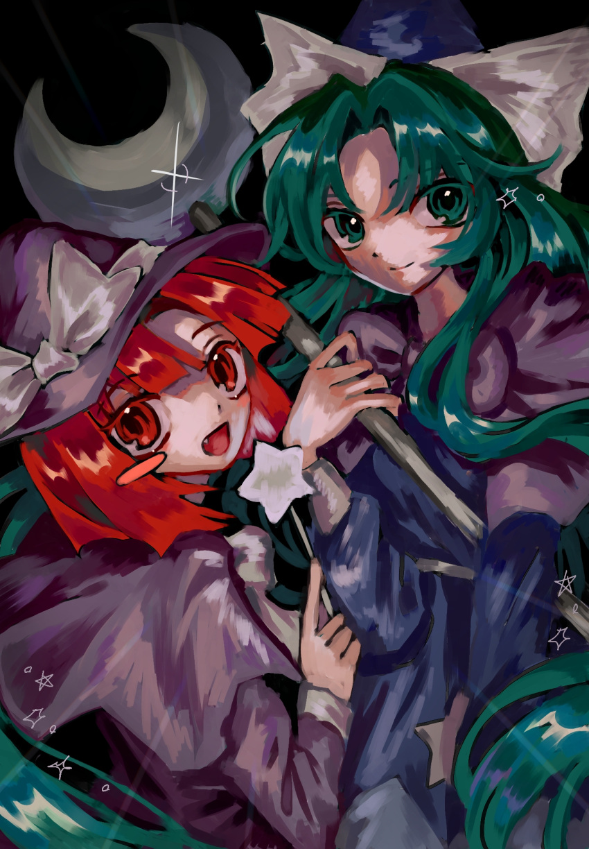 2girls :d black_background blue_dress blue_hat blush_stickers bow bowtie capelet closed_mouth colored_eyelashes commentary_request dress emphasis_lines fang glint green_eyes green_hair hand_up hat hat_bow highres holding holding_staff holding_wand kirisame_marisa kirisame_marisa_(pc-98) long_hair long_sleeves looking_at_viewer mima_(touhou) multiple_girls open_mouth parted_bangs print_dress purple_capelet purple_dress purple_hat red_eyes redhead single_blush_sticker smile staff star_(symbol) star_print star_wand story_of_eastern_wonderland touhou touhou_(pc-98) very_long_hair wand white_bow white_bowtie witch_hat wizard_hat yomogi0446