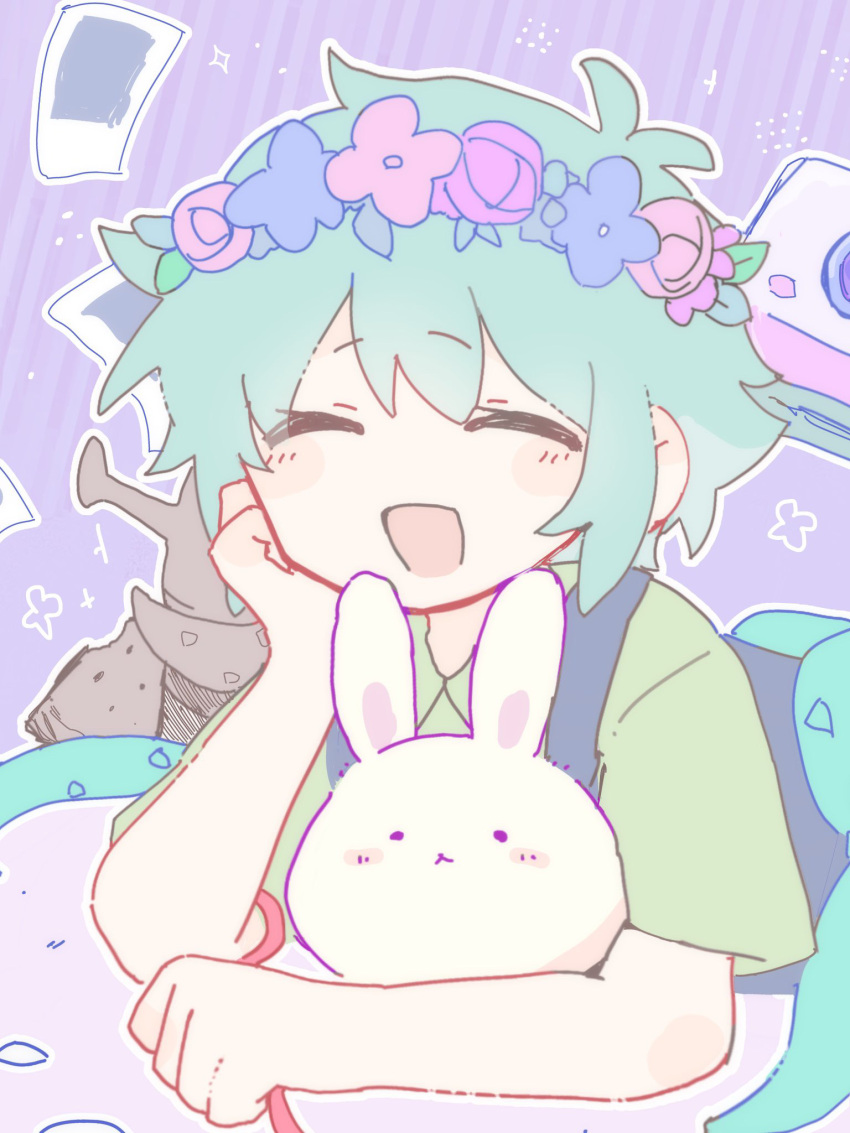 1boy animal antenna_hair aqua_hair basil_(headspace)_(omori) basil_(omori) blue_flower blue_overalls blush camera child closed_eyes collared_shirt flower forest_bunny_(omori) green_shirt hair_between_eyes hand_on_own_face head_wreath highres leaf lying mu2mu2_mu no_nose omori on_stomach open_mouth outline overalls photo_(object) pink_flower pink_rose purple_background rabbit rose shirt short_hair short_sleeves smile solo striped_background white_outline white_rabbit_(animal)