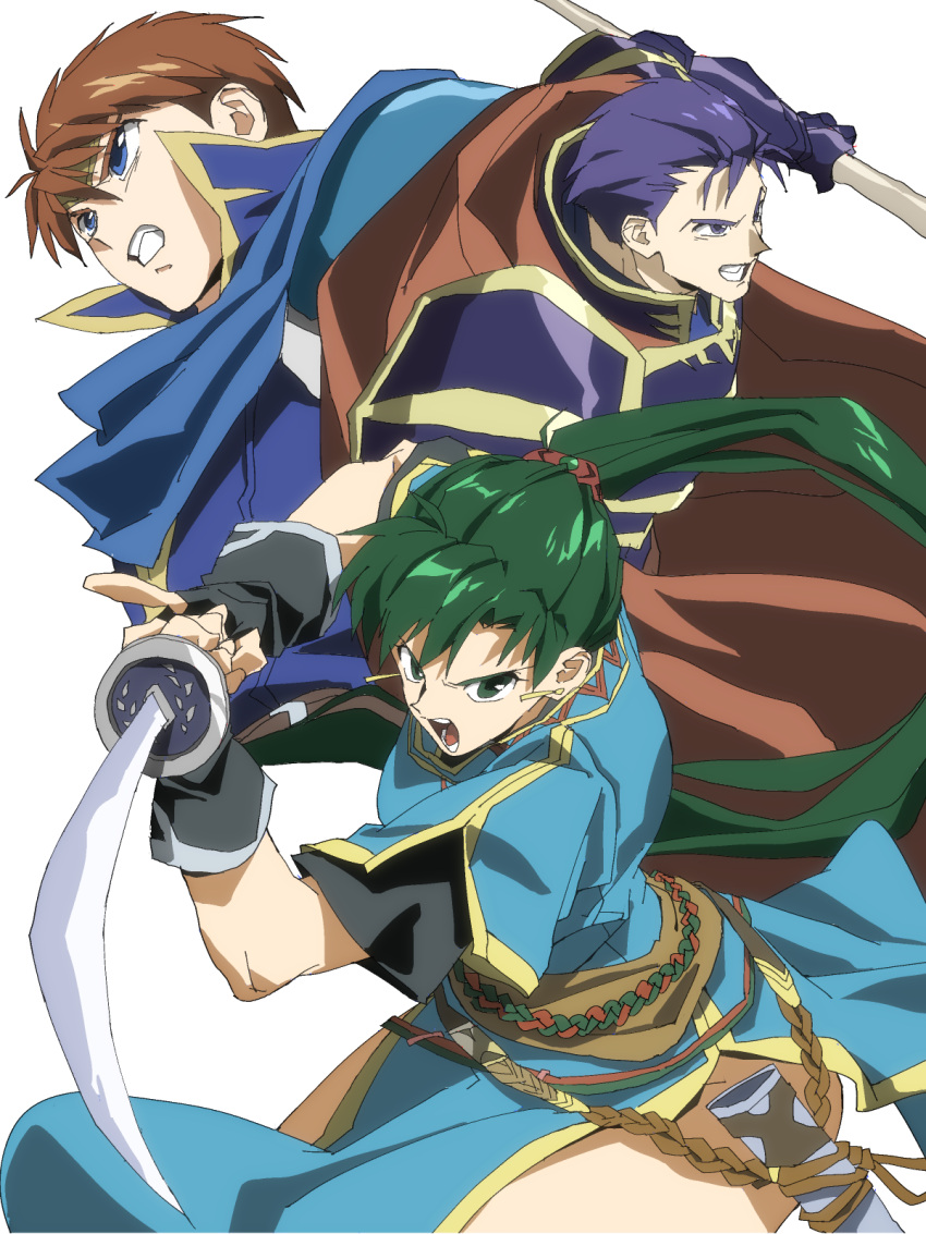 1990s_(style) 1girl 2boys armor blue_armor blue_cape blue_dress blue_hair cape dress eliwood_(fire_emblem) fire_emblem fire_emblem:_the_blazing_blade grey_hair hands_up hector_(fire_emblem) high_ponytail highres holding holding_sword holding_weapon long_hair lyn_(fire_emblem) multiple_boys red_cape redhead retro_artstyle scabbard sheath shino_(2919) short_hair side_slit simple_background sword weapon white_background