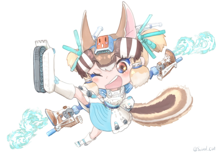 1girl animal_ears armor boots brown_eyes brown_hair chipmunk_ears chipmunk_girl chipmunk_tail dress extra_ears gloves hair_ornament highres kemono_friends kemono_friends_v_project looking_at_viewer one_eye_closed ribbon saival_cat short_hair shorts siberian_chipmunk_(kemono_friends) simple_background solo tail virtual_youtuber weapon