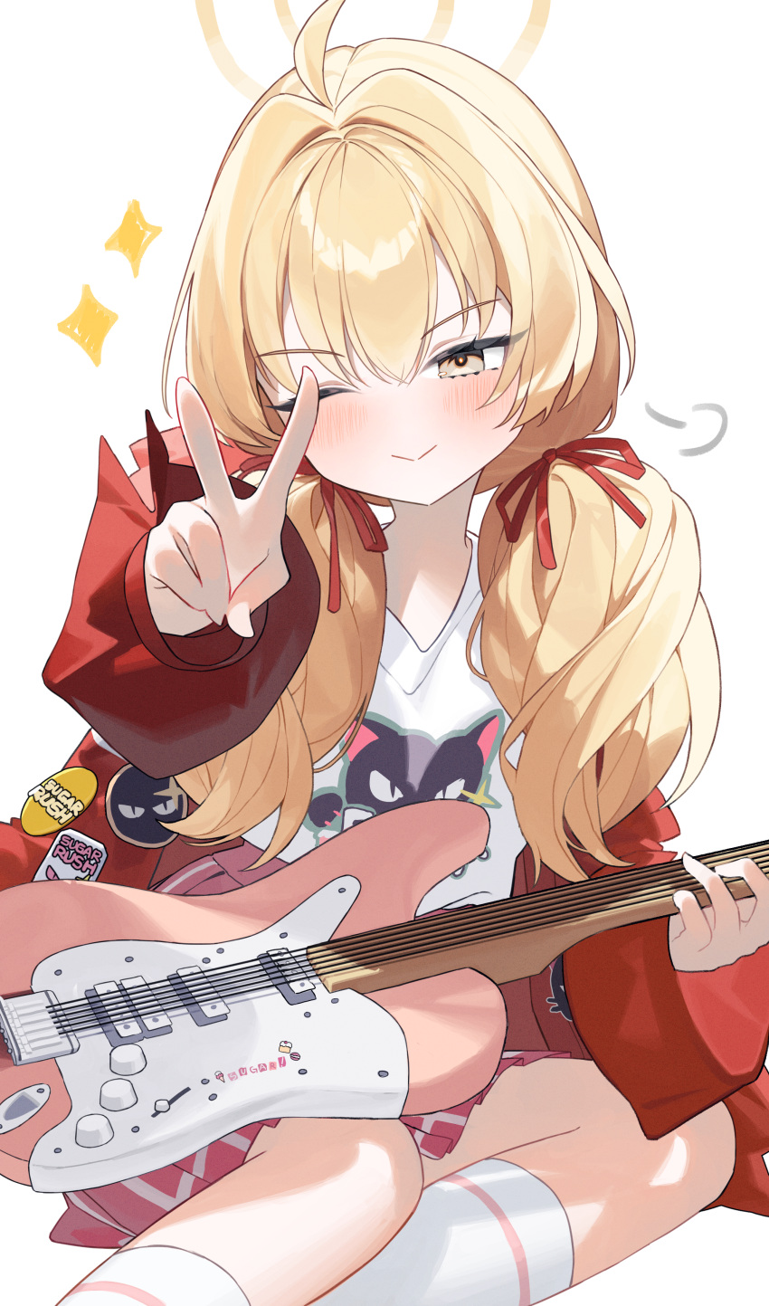 1girl ;) absurdres ahoge blonde_hair blue_archive blush closed_mouth commentary electric_guitar guitar hair_ribbon halo highres holding holding_instrument instrument jacket long_hair long_sleeves official_alternate_costume one_eye_closed red_jacket red_ribbon ribbon simple_background sitting smile solo thigh-highs thighs tiko_(idadsa91) twintails v white_background white_thighhighs yellow_eyes yellow_halo yoshimi_(band)_(blue_archive) yoshimi_(blue_archive)