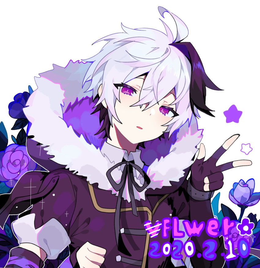 1girl ahoge androgynous arm_warmers black_hair character_name coat dated dress_shirt flower flower_(vocaloid) flower_(vocaloid4) fur_trim gloves highres hood hood_down multicolored_hair neck_ribbon open_mouth ribbon shirt short_hair single_arm_warmer star_(symbol) tomboy two-tone_hair user_hpax4234 v violet_eyes vocaloid watch watch white_hair winter_clothes winter_coat winter_uniform