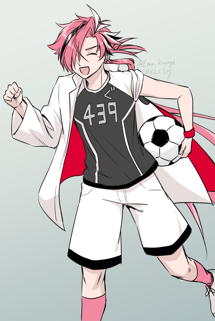 1boy :d ball closed_eyes eyebrow_cut fate/grand_order fate_(series) hair_over_one_eye highres jacket long_sleeves low_ponytail male_focus multicolored_hair redhead shirt shorts simple_background smile soccer_ball soccer_uniform socks solo sportswear streaked_hair takasugi_shinsaku_(fate) twitter_username white_jacket wristband