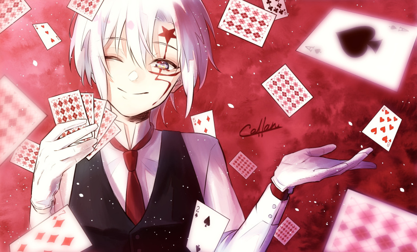 1boy ace_(playing_card) ace_of_spades allen_walker blurry bokuhaboku card d.gray-man dated_commentary depth_of_field gloves grey_eyes hair_between_eyes highres holding holding_card looking_at_viewer male_focus necktie pale_skin petticoat playing_card red_background red_necktie scar scar_across_eye scar_on_face shirt short_hair sidelighting signature smile solo spade_(shape) upper_body white_gloves white_hair white_shirt