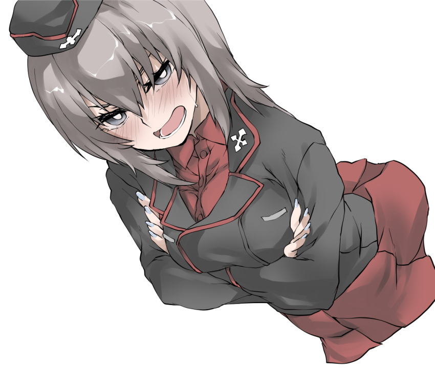 1girl black_hat black_jacket blue_eyes blue_nails blush commentary cowboy_shot cropped_torso crossed_arms dress_shirt dutch_angle elf_(stroll_in_the_woods) frown garrison_cap girls_und_panzer grey_hair half-closed_eyes hat insignia itsumi_erika jacket kuromorimine_military_uniform long_sleeves looking_at_viewer medium_hair military_hat military_uniform miniskirt open_mouth pleated_skirt red_shirt red_skirt shirt skirt solo standing sweatdrop textless_version uniform wing_collar