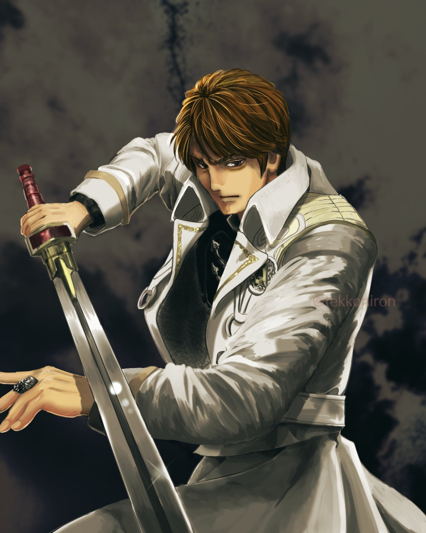1boy brown_eyes brown_hair clouds cloudy_sky coat frown garo_(series) highres holding holding_sword holding_weapon long_sleeves looking_at_viewer open_clothes open_coat pogemutalp puffy_long_sleeves puffy_sleeves saejima_kouga sky solo sword tokusatsu twitter_username upper_body weapon white_coat