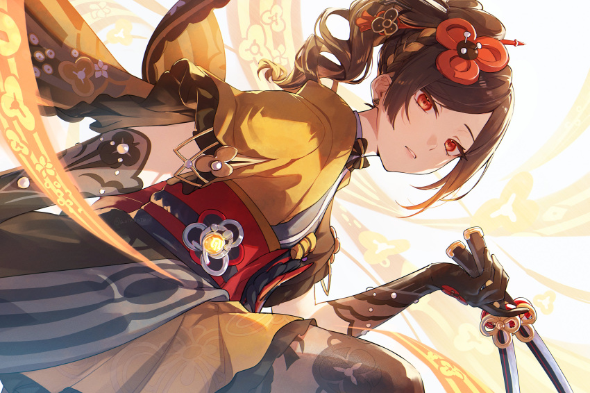 1girl absurdres aoppoi_oto black_gloves brown_hair chiori_(genshin_impact) genshin_impact gloves haori highres holding holding_sword holding_weapon japanese_clothes looking_at_viewer miniskirt obi orange_eyes pleated_skirt ponytail red_sash sash short_sleeves skirt solo sword weapon yellow_skirt