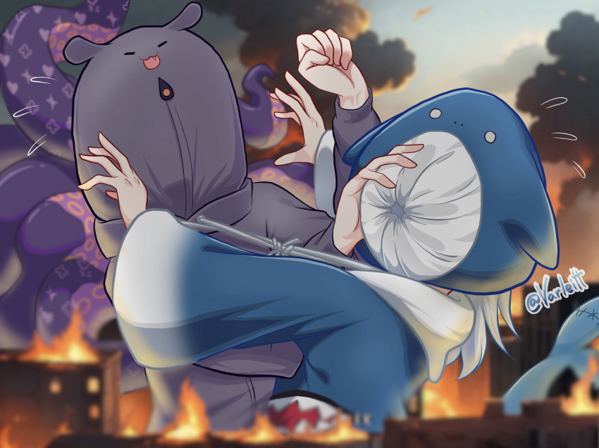 2girls black_hoodie blue_hoodie blue_sky blurry blurry_background blurry_foreground building clouds commentary day depth_of_field drawstring english_commentary fire flying_sweatdrops gawr_gura gawr_gura_(1st_costume) giant giantess hand_on_another's_face highres hololive hololive_english hood hood_up hoodie long_sleeves multiple_girls ninomae_ina'nis ninomae_ina'nis_(loungewear) official_alternate_costume outdoors puffy_long_sleeves puffy_sleeves romaji_commentary sky tentacles twitter_username varliet virtual_youtuber wide_sleeves