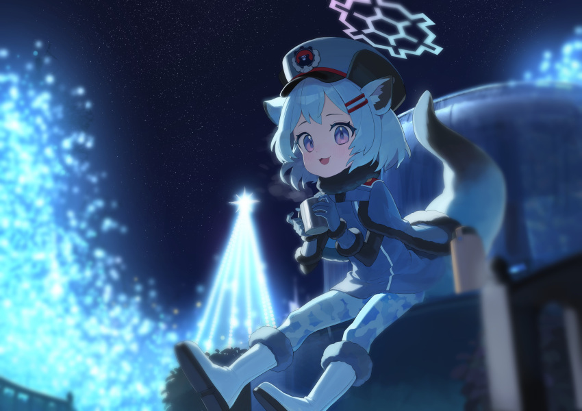 1girl absurdres aged_down animal_ears bada_(jksh5056) blue_archive blue_halo boots capelet cup fur-trimmed_boots fur_hat fur_trim gloves green_hair grey_capelet grey_gloves grey_hat halo hat highres holding holding_cup long_sleeves night outdoors shigure_(blue_archive) short_hair sitting solo tail ushanka violet_eyes weasel_ears weasel_tail white_footwear