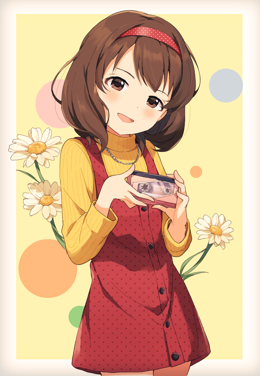 1girl absurdres blush breasts brown_eyes brown_hair buchi_(y0u0ri_) cassette_tape cowboy_shot dot_nose dress flower hairband hands_up highres holding idolmaster idolmaster_cinderella_girls idolmaster_cinderella_girls_starlight_stage jewelry long_sleeves looking_at_viewer medium_breasts multicolored_background nagatomi_hasumi necklace open_mouth polka_dot polka_dot_dress polka_dot_hairband red_dress red_hairband shirt short_hair smile solo standing turtleneck white_flower yellow_shirt