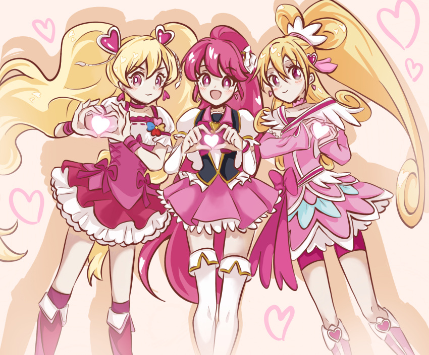 3girls aida_mana aino_megumi armband back_cutout black_vest blonde_hair boots bow bowtie brooch choker closed_mouth clothing_cutout clover_brooch collar collared_vest commentary cross-laced_clothes cross-laced_dress cure_heart cure_lovely cure_peach dokidoki!_precure dress dress_bow earrings eyelashes feet_out_of_frame fresh_precure! frilled_dress frilled_shirt frilled_sleeves frilled_vest frills hair_ornament happinesscharge_precure! heart heart-shaped_hair heart_brooch heart_earrings heart_hair_ornament heart_hands high_ponytail highres in-franchise_crossover jewelry knee_boots kneehighs lace-trimmed_skirt lace-trimmed_vest lace_trim light_blush long_hair looking_at_viewer magical_girl miniskirt momozono_love multiple_girls open_mouth pink_arm_warmers pink_bow pink_bowtie pink_bracelet pink_choker pink_collar pink_dress pink_eyes pink_footwear pink_hair pink_shorts pink_skirt pink_socks pink_theme pink_wrist_cuffs precure puffy_short_sleeves puffy_sleeves ribbon-trimmed_shirt shadow shirt short_sleeves shorts simple_background skirt smile socks square_neckline straight-on strapless strapless_dress symbol-only_commentary tassel tassel_hair_ornament thigh_boots twintails v-shaped_eyebrows very_long_hair vest white_armband white_footwear white_shirt white_sleeves white_veil wrist_bow wrist_cuffs xiao_gu_(xg112) yellow_background zettai_ryouiki