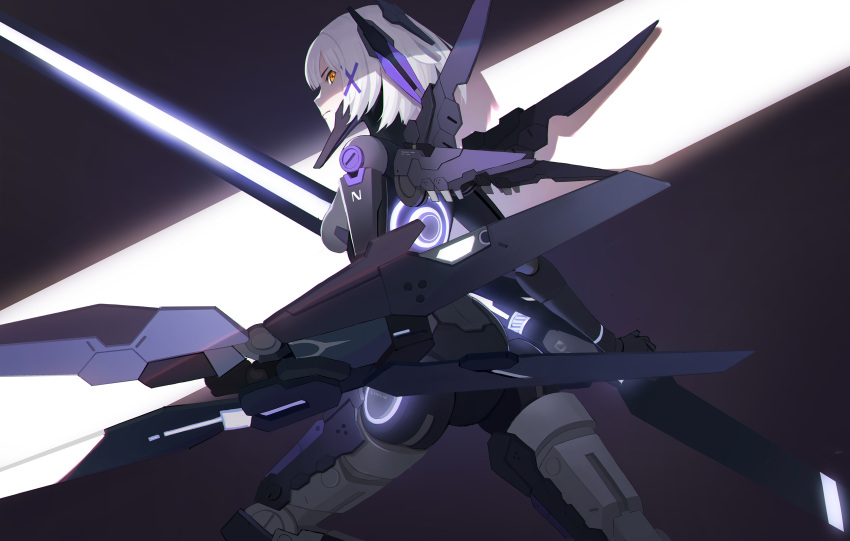 1girl cyborg grey_hair hair_ornament headgear highres holding holding_polearm holding_shield holding_weapon huge_weapon joints looking_back mechanical_wings medium_hair orange_eyes polearm punishing:_gray_raven robot_joints rosetta_(punishing:_gray_raven) shield solo wang_xiao_jun weapon wings x_hair_ornament
