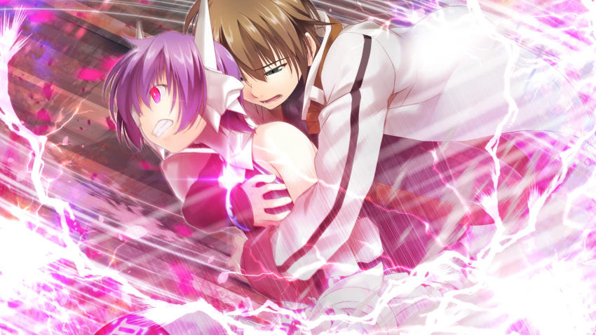 1boy 1girl alto_travers astel_(wizards_symphony) atelier-moo bare_shoulders belt brown_hair clenched_teeth cowboy_shot empty_eyes flat_chest golem green_eyes hair_between_eyes half-closed_eyes highres hug hug_from_behind lightning long_sleeves mechanical_arms open_mouth purple_hair red_eyes robot_ears short_hair speed_lines standing teeth tooth wide-eyed wizards_symphony