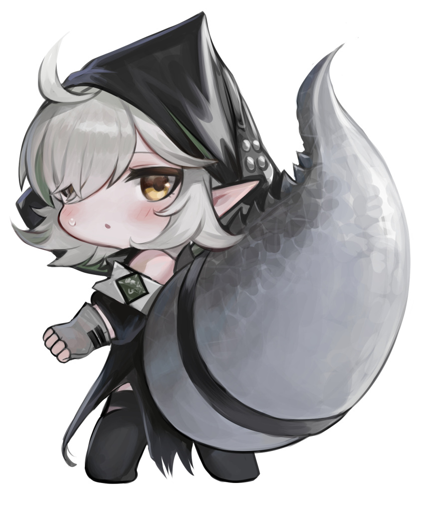 1girl :o arknights bare_shoulders black_jacket black_thighhighs brown_eyes chibi commentary_request crocodilian_tail dokomon fingerless_gloves from_behind full_body gloves grey_gloves grey_hair hair_over_one_eye highres hood hood_up jacket korean_commentary large_tail long_sleeves looking_at_viewer looking_back parted_lips pointy_ears puffy_long_sleeves puffy_sleeves simple_background solo standing tail thigh-highs tomimi_(arknights) white_background