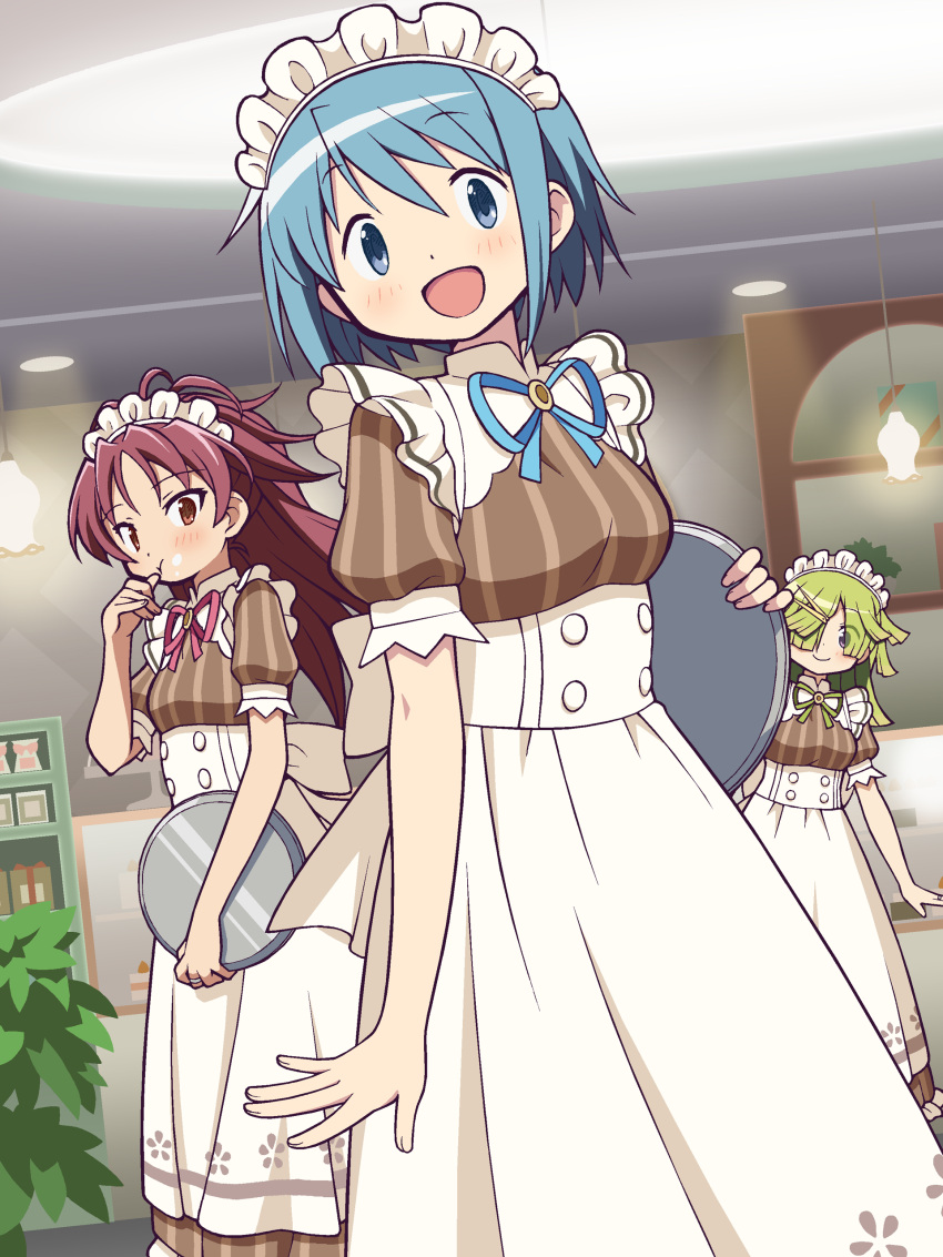 3girls absurdres aki_mabayu alternate_costume blue_eyes breasts commentary_request cowboy_shot dress enmaided gecchu green_hair hair_over_one_eye highres holding holding_tray indoors long_dress long_hair looking_at_viewer magia_record:_mahou_shoujo_madoka_magica_gaiden mahou_shoujo_madoka_magica maid maid_headdress medium_breasts miki_sayaka multiple_girls open_mouth ponytail puffy_short_sleeves puffy_sleeves red_eyes redhead sakura_kyoko short_hair short_sleeves small_breasts smile tray violet_eyes