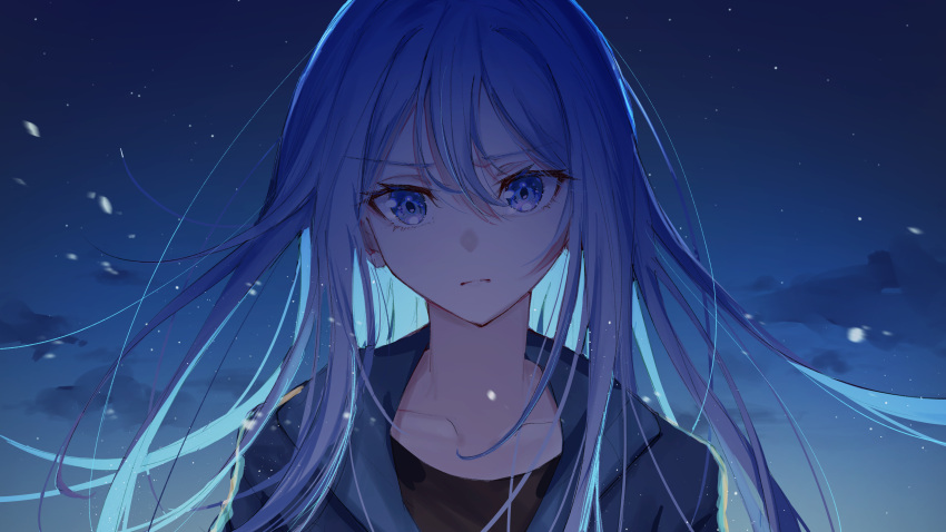 1girl absurdres black_shirt blue_eyes blue_hair blue_jacket collarbone commentary_request hair_between_eyes highres jacket light_frown light_particles long_hair looking_at_viewer night night_sky portrait project_sekai serious shirt sidelocks sky solo swept_bangs yoisaki_kanade yuzuha_wasa