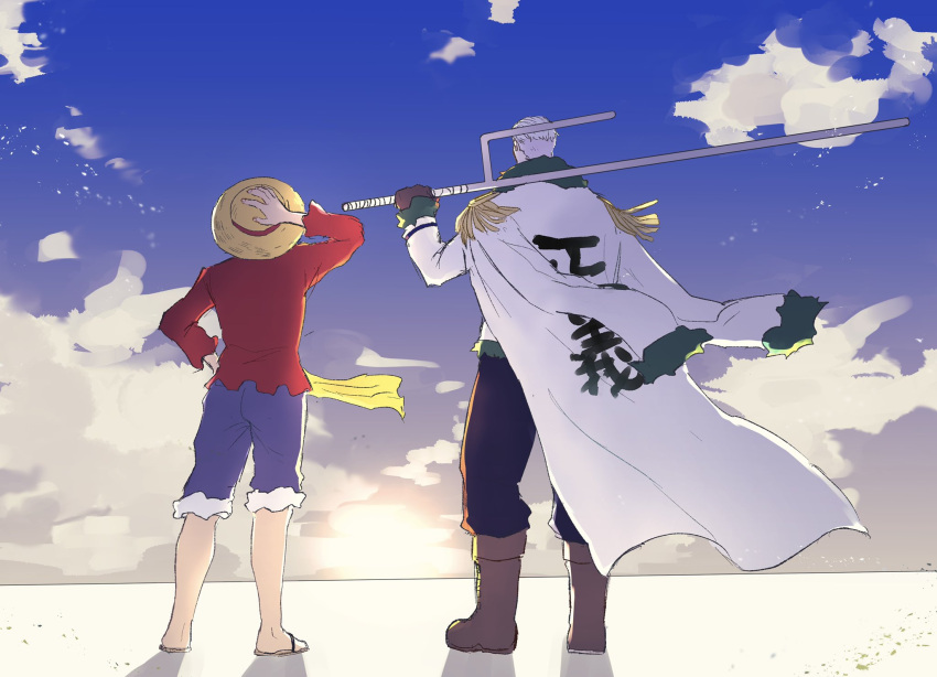 2boys back blue_shorts boots brown_footwear brown_gloves clouds coat coat_on_shoulders commentary_request epaulettes flip-flops floating_clothes frilled_shirt frills gloves hand_on_headwear hand_on_own_hip highres holding holding_weapon long_sleeves monkey_d._luffy multiple_boys one_piece pants red_shirt sandals sash shirt shorts sky smoker_(one_piece) sunrise undercut weapon white_coat white_hair yamakazi47 yellow_sash