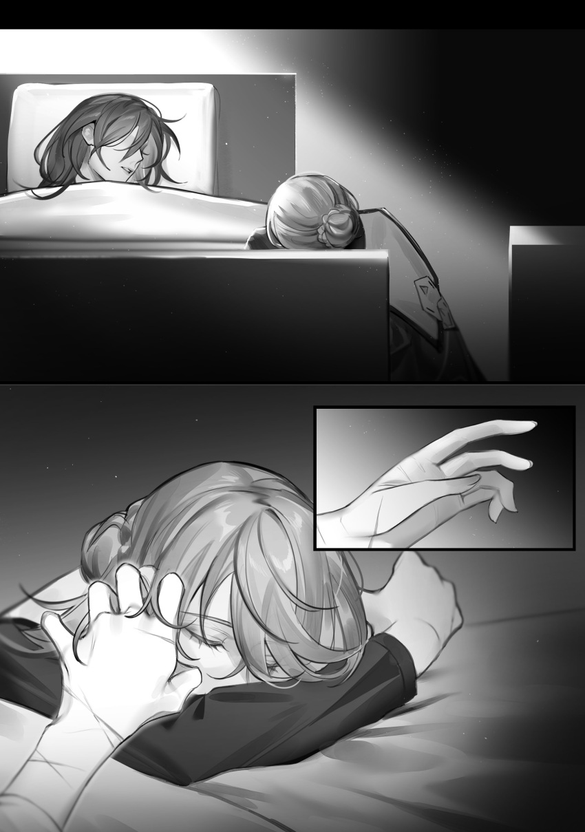 2girls absurdres braid braided_bun chief_(path_to_nowhere) closed_eyes commentary_request female_chief_(path_to_nowhere) greyscale hair_bun hand_in_another's_hair hand_on_another's_arm highres monochrome multiple_girls nightingale_(path_to_nowhere) on_bed path_to_nowhere pillow scar scar_on_arm scar_on_hand sleeping toho10min yuri