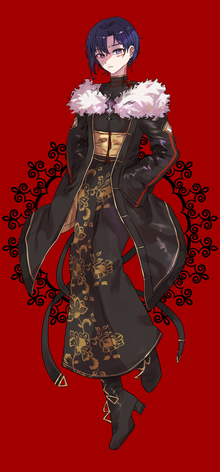 1boy absurdres alka alternate_costume black_coat black_footwear blue_hair boots chinese_clothes closed_mouth coat commentary floral_print full_body fur-trimmed_coat fur_trim gold_trim hands_in_pockets highres kaito_(vocaloid) long_sleeves male_focus short_hair solo violet_eyes vocaloid