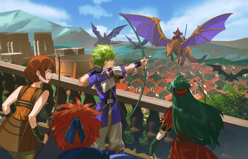 2boys 2girls aiming arrow_(projectile) blue_sky bow_(weapon) brown_hair city commentary_request dorothy_(fire_emblem) dragon fence fire_emblem fire_emblem:_the_binding_blade green_hair holding holding_bow_(weapon) holding_weapon long_hair multiple_boys multiple_girls noki_(affabile) redhead roy_(fire_emblem) short_hair sky sue_(fire_emblem) weapon wings wolt_(fire_emblem) wyvern