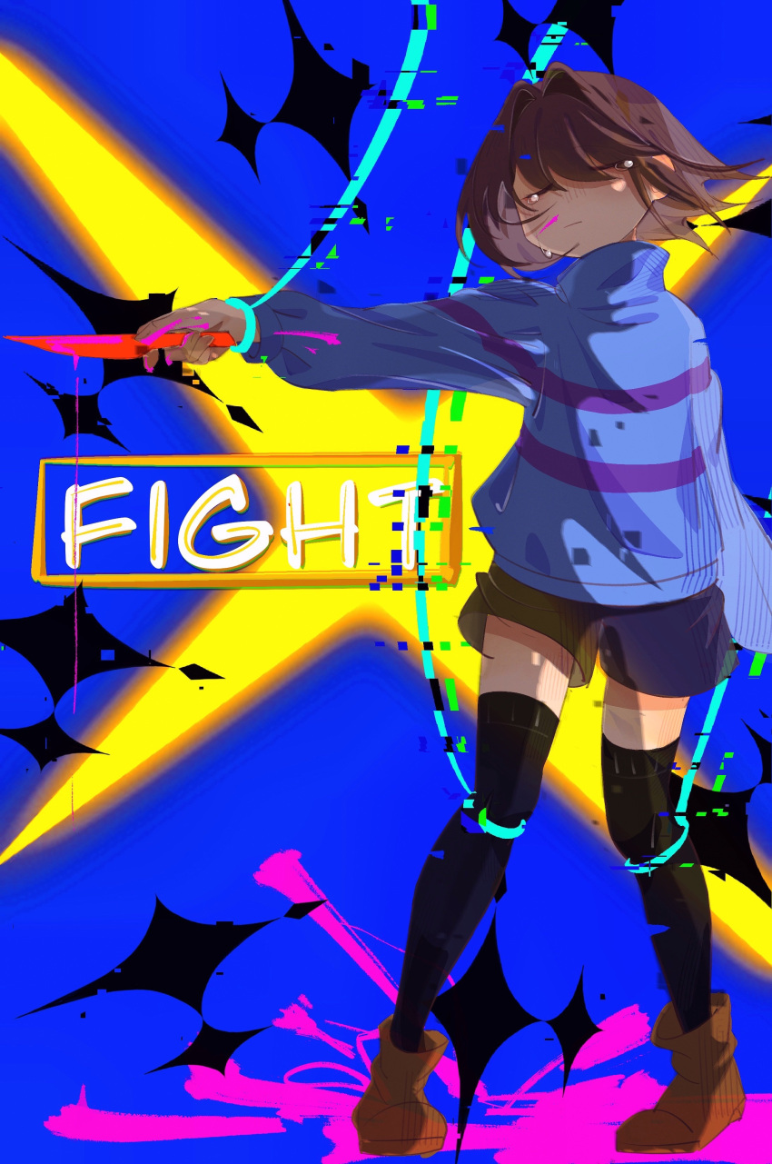 1other :| absurdres androgynous black_shorts black_thighhighs blue_background blue_sweater brown_footwear brown_hair child chinese_commentary closed_mouth commentary_request expressionless facing_viewer frisk_(undertale) full_body gameplay_mechanics glitch hair_intakes highres holding holding_knife knife long_sleeves other_focus outstretched_arm shoes short_hair shorts solo standing sweater tearing_up tears thigh-highs turtleneck turtleneck_sweater undertale vent6885