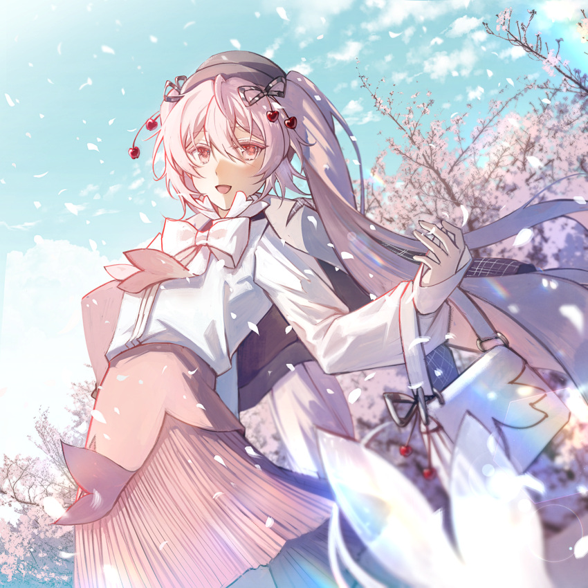 1girl bag bow bowler_hat bowtie cherry_blossoms cherry_hair_ornament commentary cowboy_shot day falling_petals food-themed_hair_ornament from_below grey_hat hair_ornament hair_ribbon handbag hat hatsune_miku highres holding holding_bag jacket jacket_on_shoulders kleinlight layered_skirt lens_flare long_hair long_sleeves looking_to_the_side open_mouth outdoors petals pink_bow pink_bowtie pink_eyes pink_hair pink_jacket pink_ribbon pink_skirt pleated_skirt ribbon sakura_miku sakura_miku_(rella) shirt skirt smile solo tree twintails very_long_hair vocaloid white_shirt