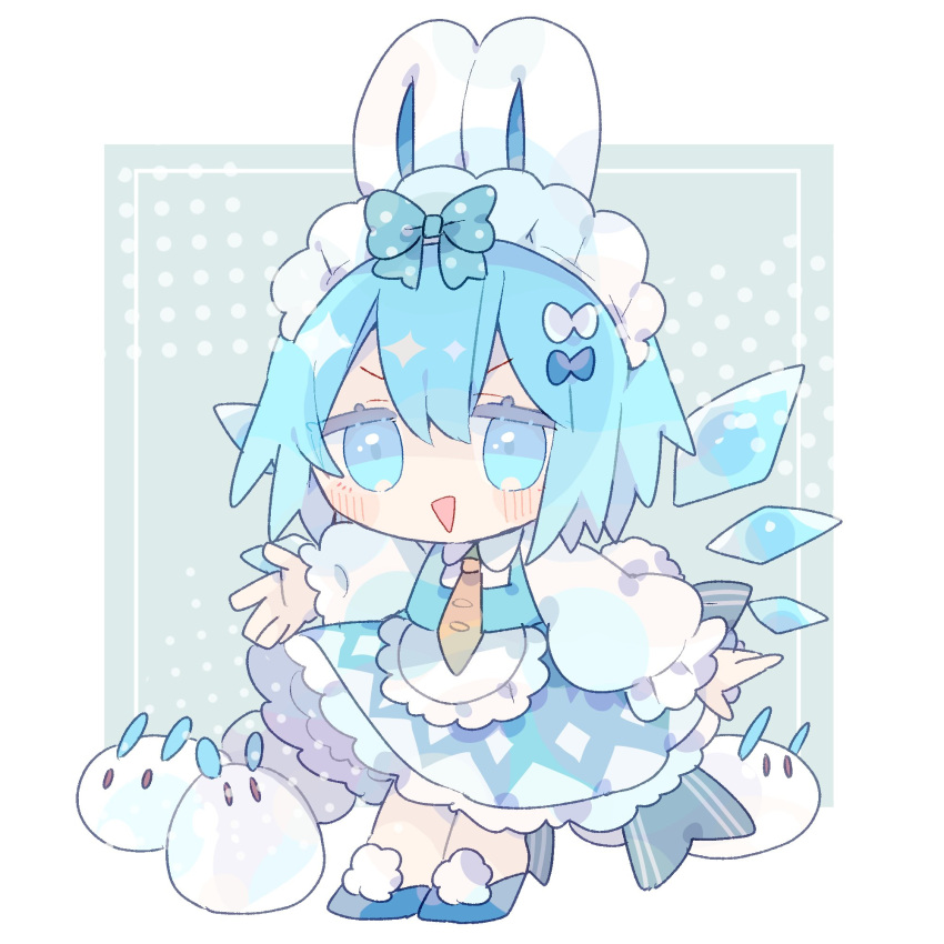 1girl animal_ears blue_dress blue_eyes blue_footwear blue_hair blush cirno collared_shirt detached_wings dress fairy fake_animal_ears frilled_sleeves frills full_body hair_between_eyes highres ice ice_wings long_sleeves looking_at_viewer nikorashi-ka open_mouth puffy_long_sleeves puffy_sleeves rabbit_ears shirt shoes short_hair smile solo touhou white_shirt wings