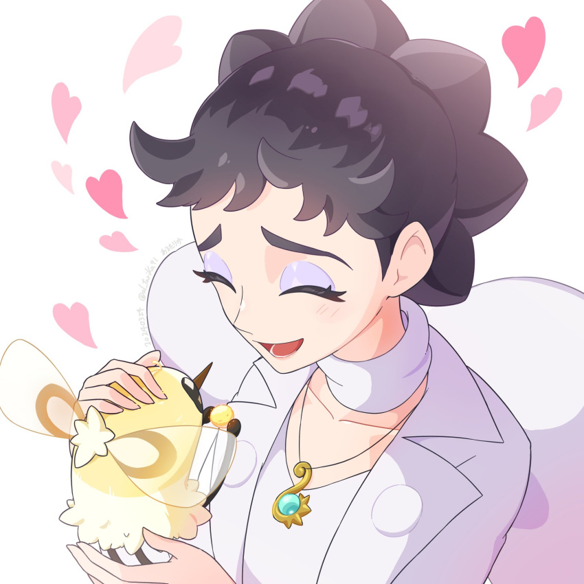 1girl arutarika_(ri_kaoekaki) black_hair closed_eyes commentary_request cutiefly diantha_(pokemon) eyeshadow heart highres holding holding_pokemon insect_wings jewelry loving_aura makeup necklace open_mouth pokemon pokemon_(creature) pokemon_xy purple_eyeshadow short_hair simple_background smile solo suit upper_body white_background white_suit wings