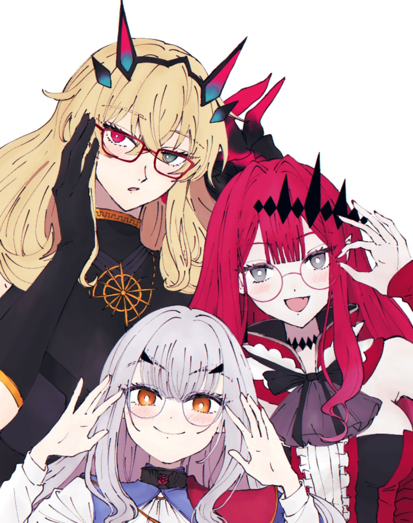 3girls adjusting_eyewear armor baobhan_sith_(fate) baobhan_sith_(first_ascension)_(fate) bare_shoulders barghest_(fate) barghest_(second_ascension)_(fate) bespectacled black_dress black_gloves blonde_hair blue_dress blush breasts detached_collar detached_sleeves dress earrings elbow_gloves fang fate/grand_order fate_(series) forked_eyebrows frills glasses gloves green_eyes grey_eyes hand_on_eyewear heterochromia highres horns jewelry large_breasts long_hair long_sleeves looking_at_viewer melusine_(fate) melusine_(second_ascension)_(fate) multiple_girls n844mj open_mouth pauldrons pink_hair pointy_ears red_dress red_eyes shoulder_armor sidelocks small_breasts smile tiara white_hair yellow_eyes