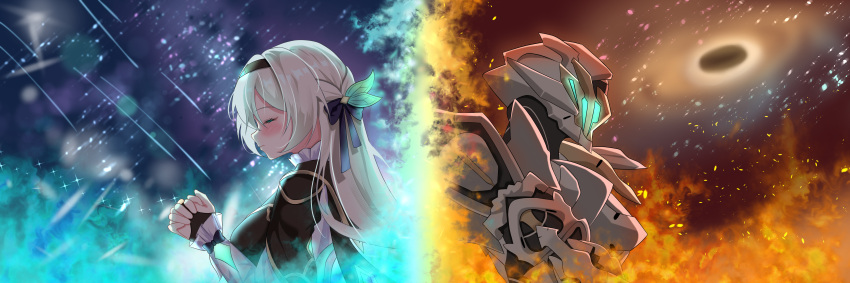1girl absurdres armor back-to-back black_headband black_hole blue_fire border butterfly_hair_ornament closed_eyes closed_mouth covered_face facing_away fire firefly_(honkai:_star_rail) full_armor grey_hair hair_ornament headband helmet highres honkai:_star_rail honkai_(series) long_hair long_sleeves multiple_persona own_hands_together profile sam_(honkai:_star_rail) shaxiao shooting_star sky space spoilers star_(sky) starry_sky