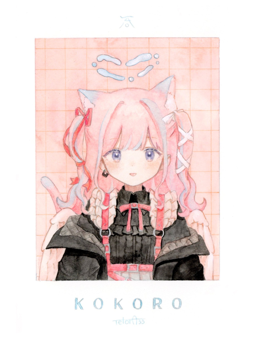 1girl :p angel_wings animal_ear_fluff animal_ears black_jacket black_shirt blue_hair bow cat_ears cat_girl cat_tail earrings frills hair_ribbon highres jacket jewelry long_hair looking_at_viewer multicolored_hair original painting_(medium) pink_background pink_hair red_ribbon ribbon romaji_text shirt solo straight-on tail tetora_u_u tongue tongue_out traditional_media two_side_up upper_body violet_eyes watercolor_(medium) white_ribbon white_wings wings