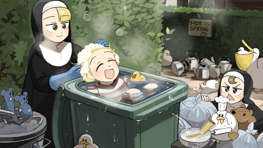 3girls :d bathing bird blonde_hair blue_gloves brown_eyes brown_hair chef_hat chicken closed_eyes clumsy_nun_(diva) diva_(hyxpk) duck english_commentary froggy_nun_(diva) gloves habit hat hedge highres kettle little_nuns_(diva) mouse_(animal) multiple_girls nun old-fashioned_swimsuit pelican rubber_duck rubber_gloves smile spicy_nun_(diva) star_ornament stuffed_animal stuffed_capybara stuffed_toy traditional_nun trash_bag trash_can triangle_mouth washing_another washing_hair yellow_eyes