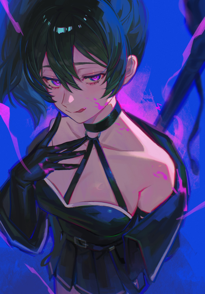 1girl absurdres armlet bare_shoulders belt black_belt black_choker black_dress black_gloves blood blood_on_cheek blood_on_neck blood_on_shoulder breasts choker cigma commentary_request double-parted_bangs dress gloves green_hair hair_between_eyes highres looking_at_viewer o-ring pink_blood pleated_dress side_ponytail solo sousou_no_frieren tongue tongue_out ubel_(sousou_no_frieren) violet_eyes