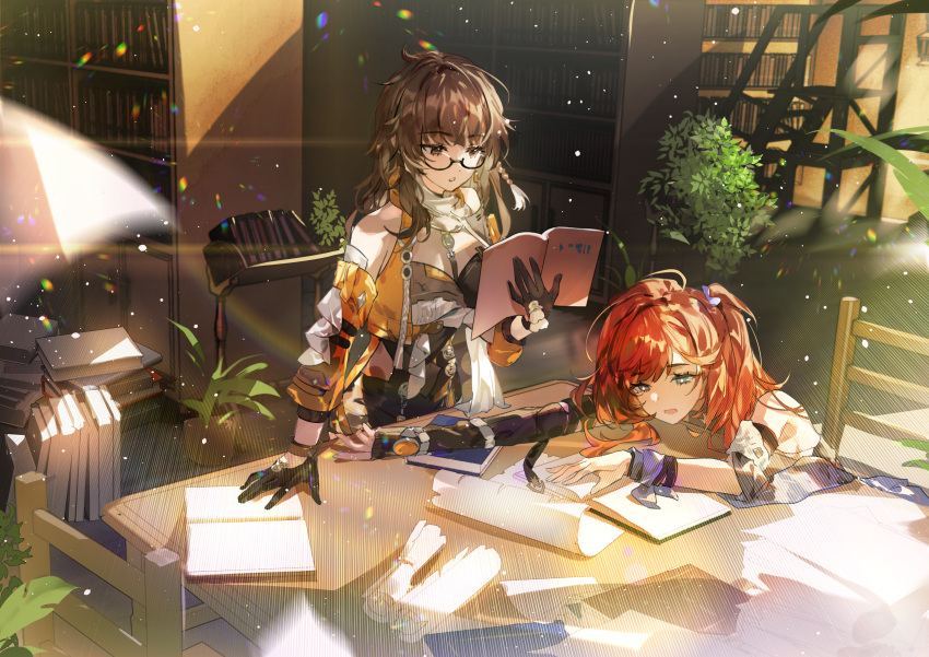2girls absurdres arm_ribbon arm_support bare_shoulders black-framed_eyewear black_gloves black_shorts blue_eyes book book_stack bookshelf braid brown_eyes brown_hair chair crop_top cropped_jacket detached_sleeves earrings elbow_gloves entropy_(honkai_impact_3rd) eyelashes female_dreamseeker_(honkai_impact) fingerless_gloves flower_pot glasses gloves hair_intakes hand_up highres holding holding_book honkai_(series) honkai_impact_3rd indoors jacket jewelry ladder library light_particles long_hair looking_at_another multiple_girls on_chair one_side_up open_book open_clothes open_jacket open_mouth orange_jacket orange_sleeves paper paper_stack parted_bangs parted_lips plant potted_plant railing redhead ribbon scroll semi-rimless_eyewear senadina_(honkai_impact) shorts side_braid sidelocks single_braid single_earring single_glove sitting sleeveless sleeveless_jacket standing swept_bangs table under-rim_eyewear wrist_ribbon zishengtian123