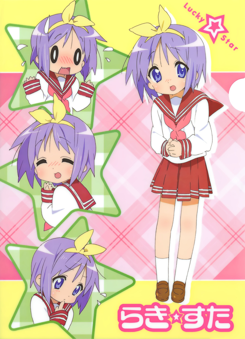1girl absurdres blush clear_file_(medium) copyright_name full_body hair_ribbon highres hiiragi_tsukasa horiguchi_yukiko looking_at_viewer lucky_star official_art own_hands_together pleated_skirt purple_hair ribbon ryouou_school_uniform scan school_uniform short_hair simple_background skirt solo star_(symbol) sweatdrop violet_eyes