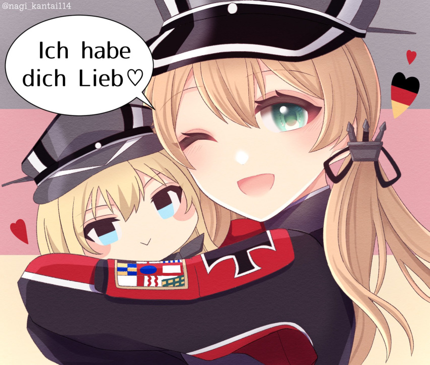 1girl anchor_hair_ornament badge bismarck_(kancolle) blonde_hair chibi commentary_request cross flag_background german_flag german_text green_eyes hair_ornament hat highres hugging_doll hugging_object iron_cross kantai_collection low_twintails military_hat military_uniform nagi_kantai114 one-hour_drawing_challenge one_eye_closed peaked_cap prinz_eugen_(kancolle) smile solo speech_bubble twintails uniform