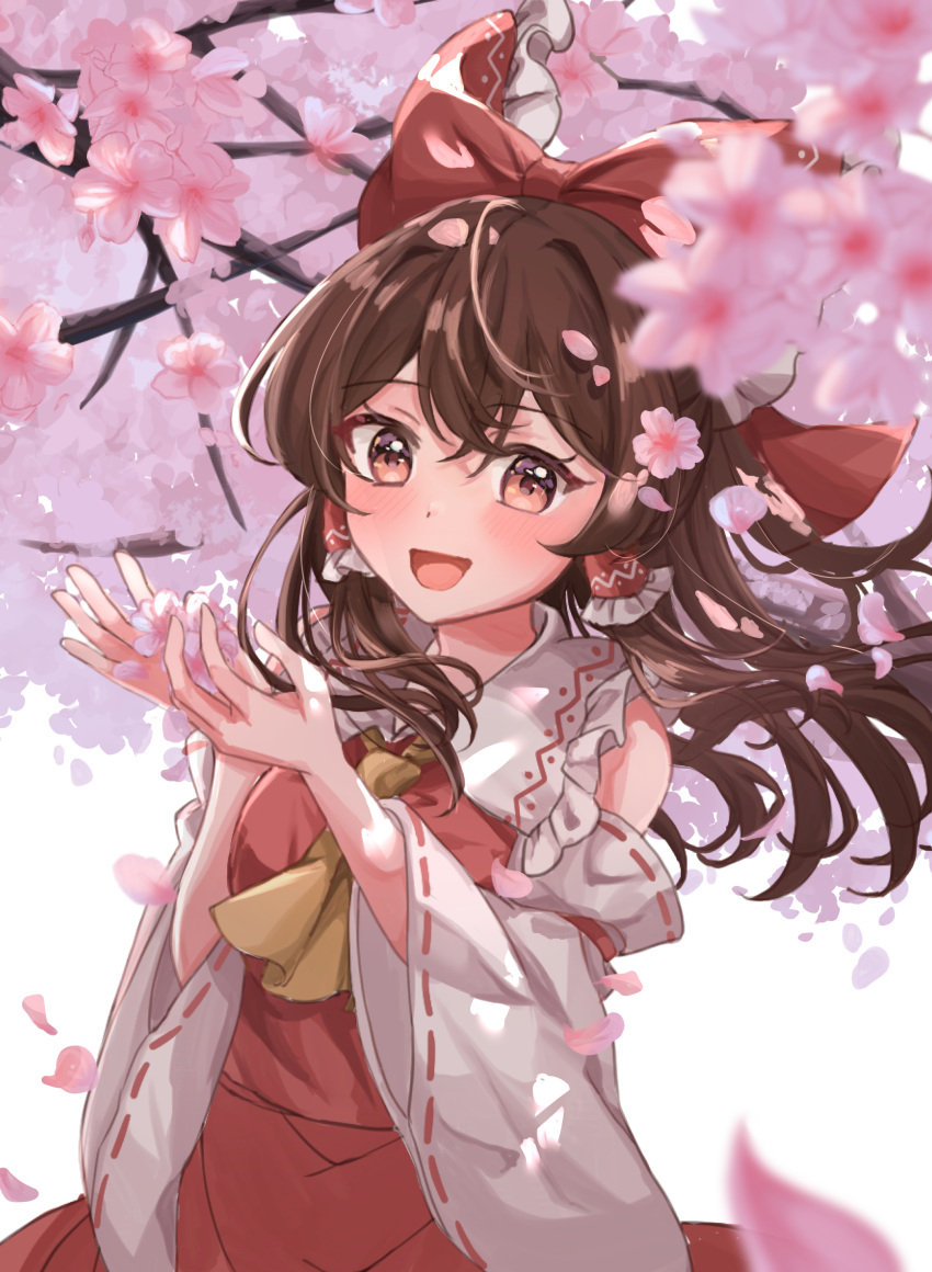 1girl absurdres ascot blush bow brown_eyes brown_hair cherry_blossoms commentary_request detached_sleeves falling_petals flower frilled_bow frilled_hair_tubes frills hair_bow hair_flower hair_ornament hair_tubes hakurei_reimu highres holding holding_flower ikeyan0677 long_hair open_mouth petals pink_flower pink_petals red_bow red_skirt ribbon-trimmed_sleeves ribbon_trim skirt skirt_set smile solo touhou yellow_ascot