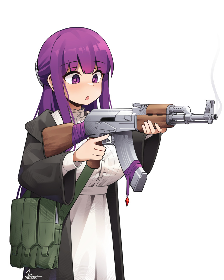 1girl :o absurdres ak-47 assault_rifle black_robe breasts commentary dress english_commentary fern_(sousou_no_frieren) gun highres holding holding_gun holding_weapon hooded_robe jestami kalashnikov_rifle large_breasts long_hair long_sleeves open_clothes open_mouth open_robe pouch purple_hair rifle robe signature simple_background smoke smoking_gun solo sousou_no_frieren trigger_discipline violet_eyes weapon white_background white_dress