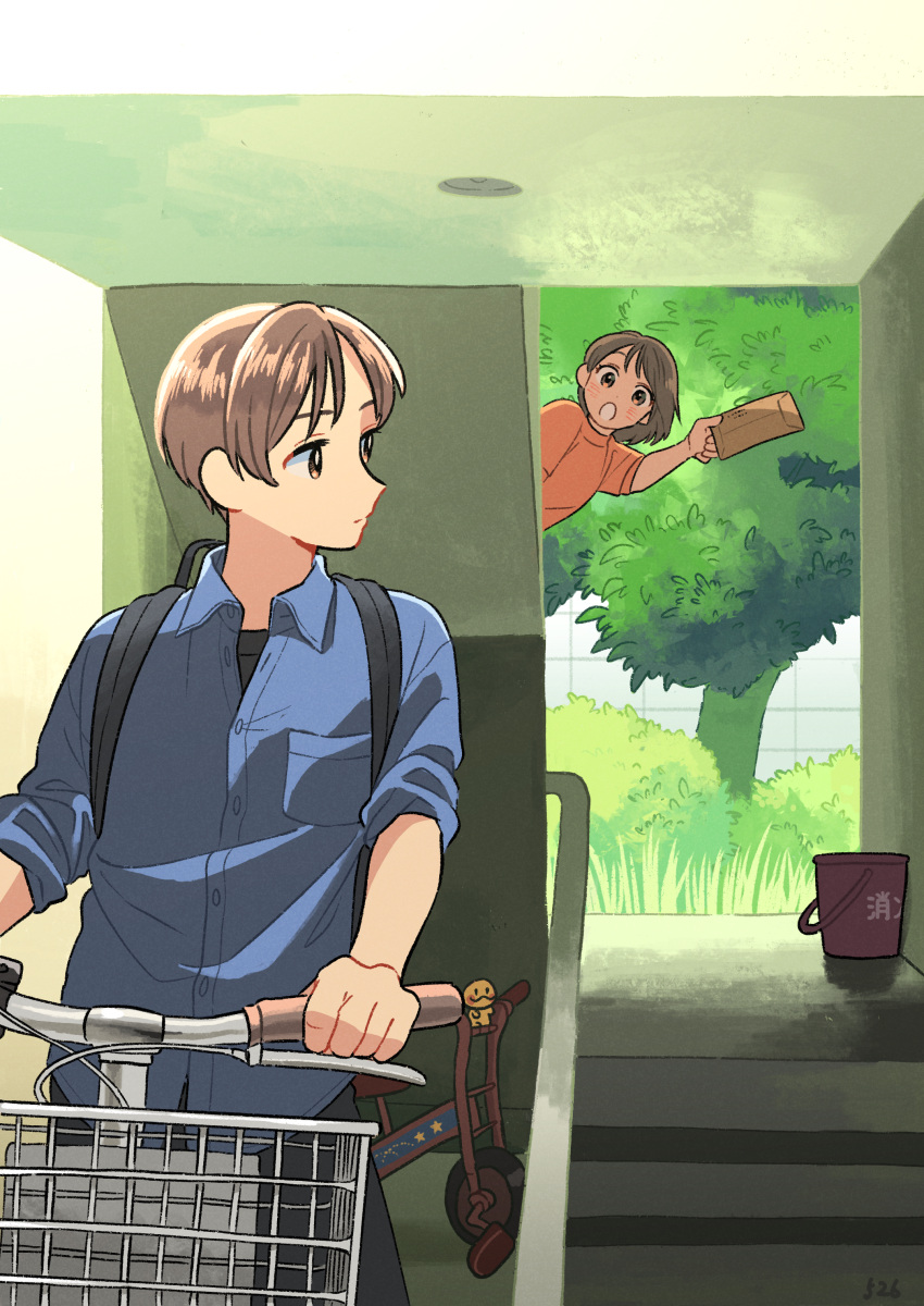 1boy 1girl absurdres backpack bag bicycle bicycle_basket blue_shirt blush brown_eyes brown_hair bucket building closed_mouth collared_shirt commentary_request day grass highres holding holding_letter kojiro337 letter looking_at_another looking_back open_mouth orange_shirt original outdoors railing riding riding_bicycle shirt short_hair sleeves_rolled_up stairs t-shirt teeth tree tricycle