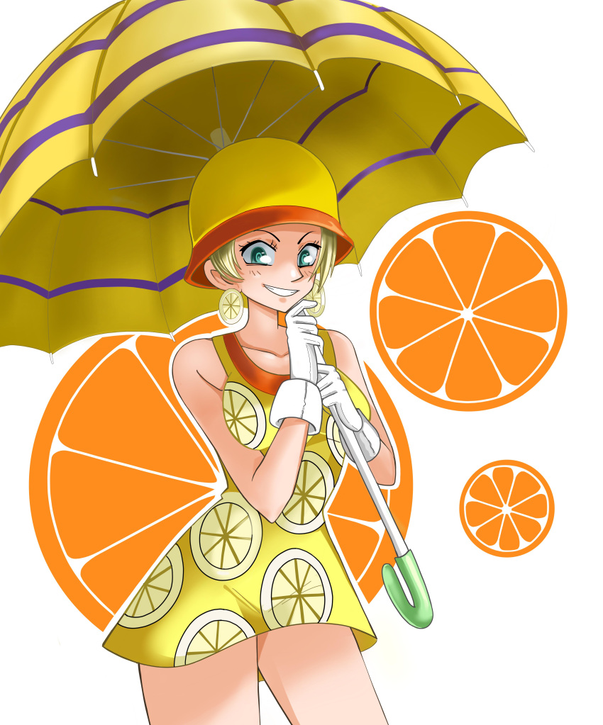 1girl absurdres blonde_hair dress english_commentary food-themed_hair_ornament gloves green_eyes hair_ornament hat highres holding holding_umbrella lemon_hair_ornament lemon_print looking_at_viewer miss_valentine one_piece pleasant_apricot1523 short_dress short_hair sleeveless sleeveless_dress smile solo umbrella white_gloves yellow_dress yellow_hat