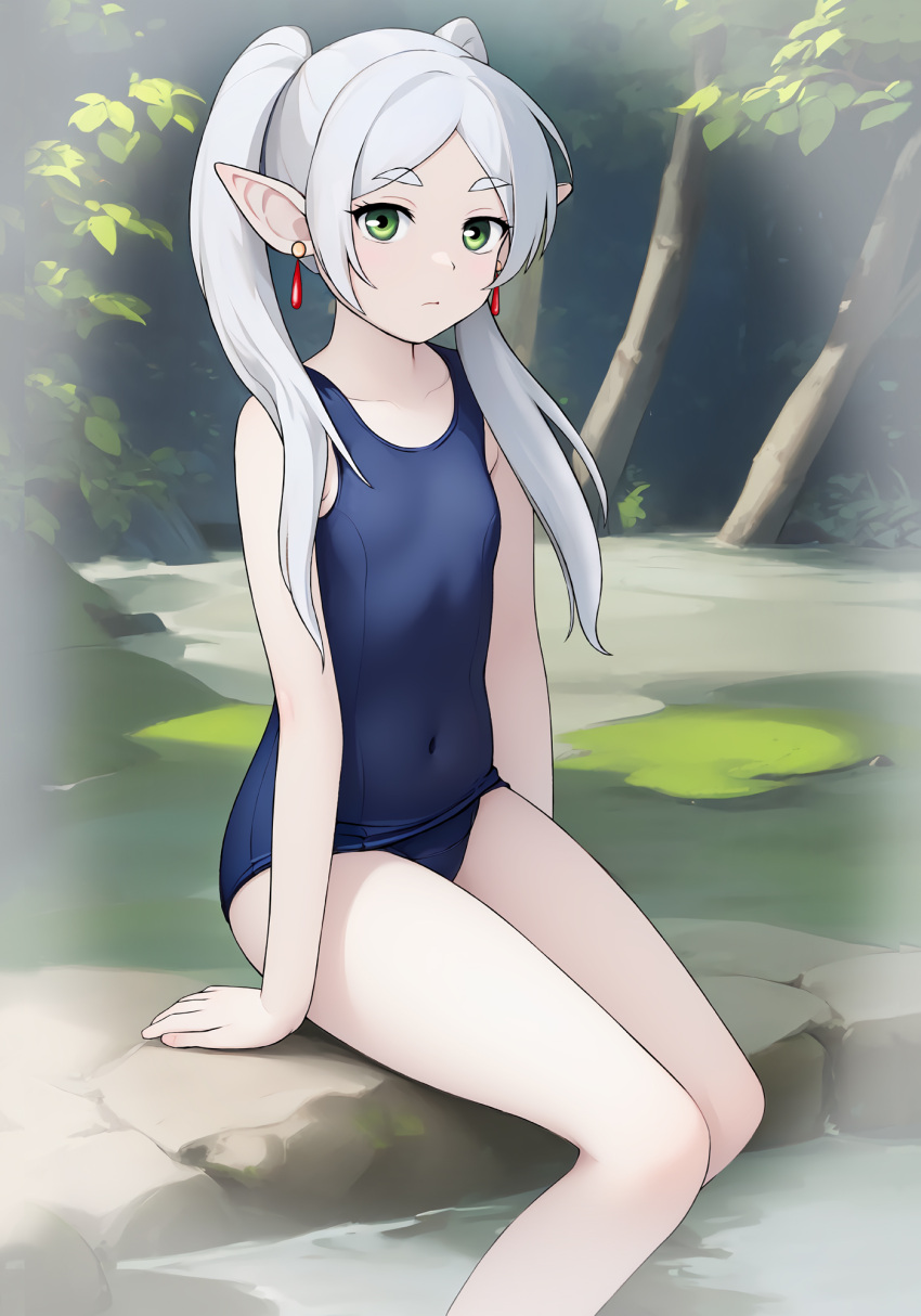 1girl blue_one-piece_swimsuit breasts covered_navel earrings elf feet_out_of_frame forest frieren green_eyes highres jewelry long_hair nature neopure old_school_swimsuit one-piece_swimsuit pointy_ears rock school_swimsuit small_breasts soaking_feet solo sousou_no_frieren swimsuit twintails white_hair