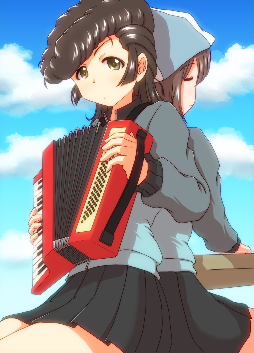 2girls accordion back-to-back black_skirt blue_hat blue_jacket blue_sky brown_eyes brown_hair closed_eyes clouds cloudy_sky commentary_request day girls_und_panzer hat highres holding holding_instrument instrument ishitsu_tadashi jacket kantele keizoku_military_uniform light_frown long_hair long_sleeves looking_at_viewer mika_(girls_und_panzer) military_uniform miniskirt multiple_girls music outdoors partial_commentary playing_instrument pleated_skirt pompadour raglan_sleeves sitting skirt sky track_jacket tulip_hat uniform yuri_(girls_und_panzer)