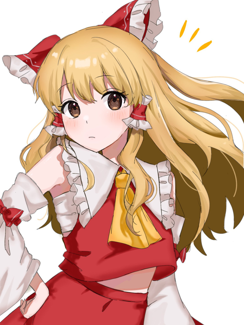 1girl ascot bare_shoulders blonde_hair bow brown_eyes chest_sarashi closed_mouth commentary_request cosplay detached_sleeves frilled_bow frills hair_bow hakurei_reimu hakurei_reimu_(cosplay) highres kirisame_marisa long_hair long_sleeves mati100311 midriff_peek red_bow red_shirt red_skirt sarashi shirt simple_background skirt sleeveless sleeveless_shirt solo touhou very_long_hair white_background white_sleeves wide_sleeves yellow_ascot