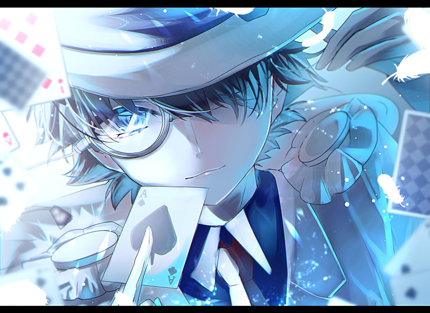 1boy absurdres ace_(playing_card) ace_of_spades black_hair black_shirt blue_eyes card close-up coat collared_shirt gloves hat highres kaitou_kid kuroba_kaito letterboxed looking_at_viewer magic_kaito male_focus meitantei_conan monocle necktie nuinui96 playing_card shirt solo spade_(shape) suit top_hat white_coat white_gloves white_hat