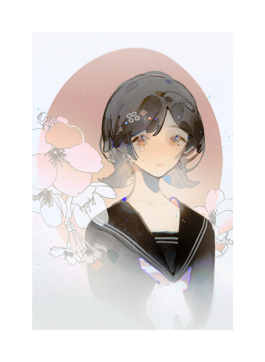 1girl black_hair black_sailor_collar black_shirt black_sleeves border cherry_blossoms chinese_commentary commentary_request crying crying_with_eyes_open eyelashes flower fog freckles fziiiii hair_ornament hairclip highres long_sleeves looking_at_viewer neckerchief open_mouth orange_eyes original pink_flower sad sailor_collar shirt short_hair solo teardrop tears upper_body white_border white_flower white_neckerchief
