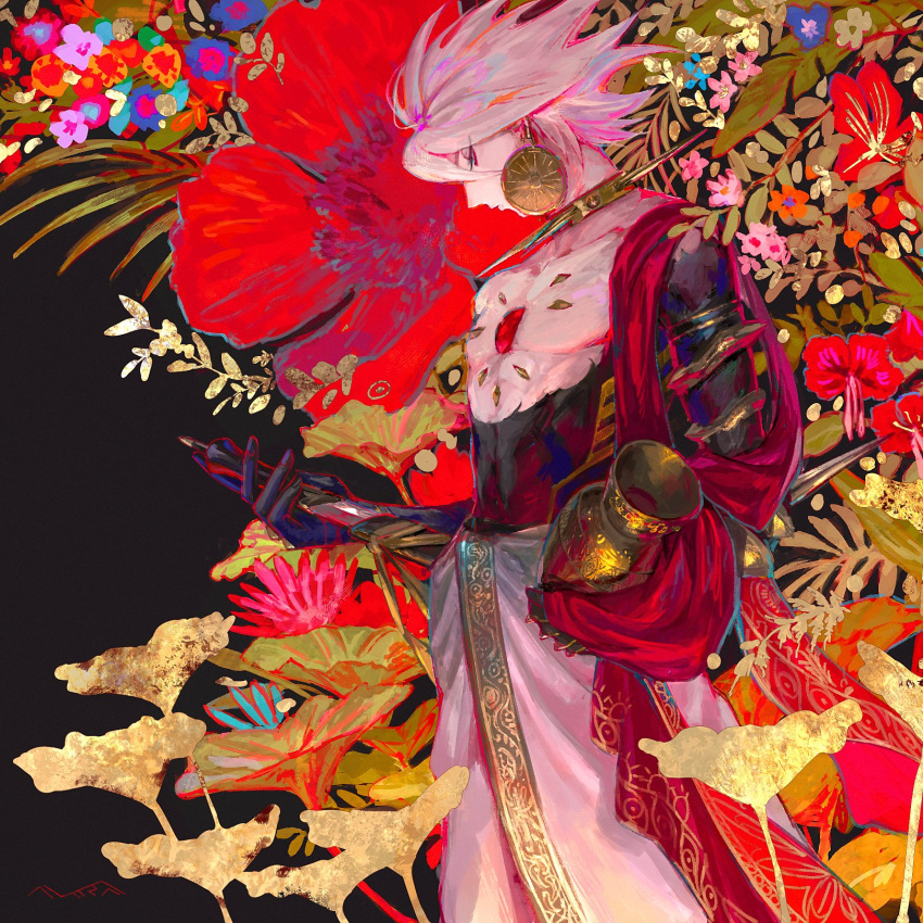 1boy egawa_akira fate/apocrypha fate/grand_order fate_(series) flower highres holding_vase karna_(fate) male_focus plant robe solo standing vase white_hair