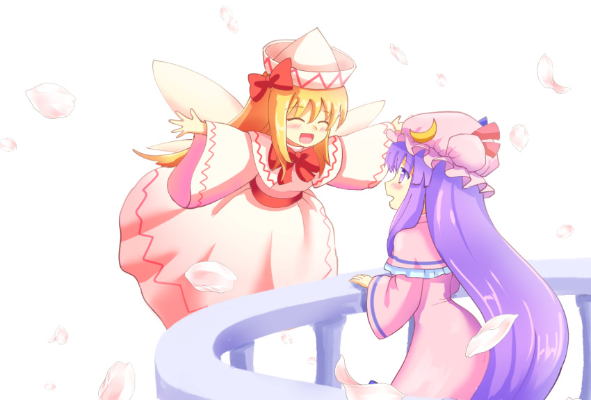 2girls :d blonde_hair bow capelet closed_eyes commentary_request crescent crescent_hat_ornament dress hat hat_ornament lily_white long_hair long_sleeves mob_cap multiple_girls open_mouth patchouli_knowledge pink_capelet pink_dress purple_hair red_bow sidelocks simple_background smile touhou violet_eyes white_background white_dress wide_sleeves yoruniwa